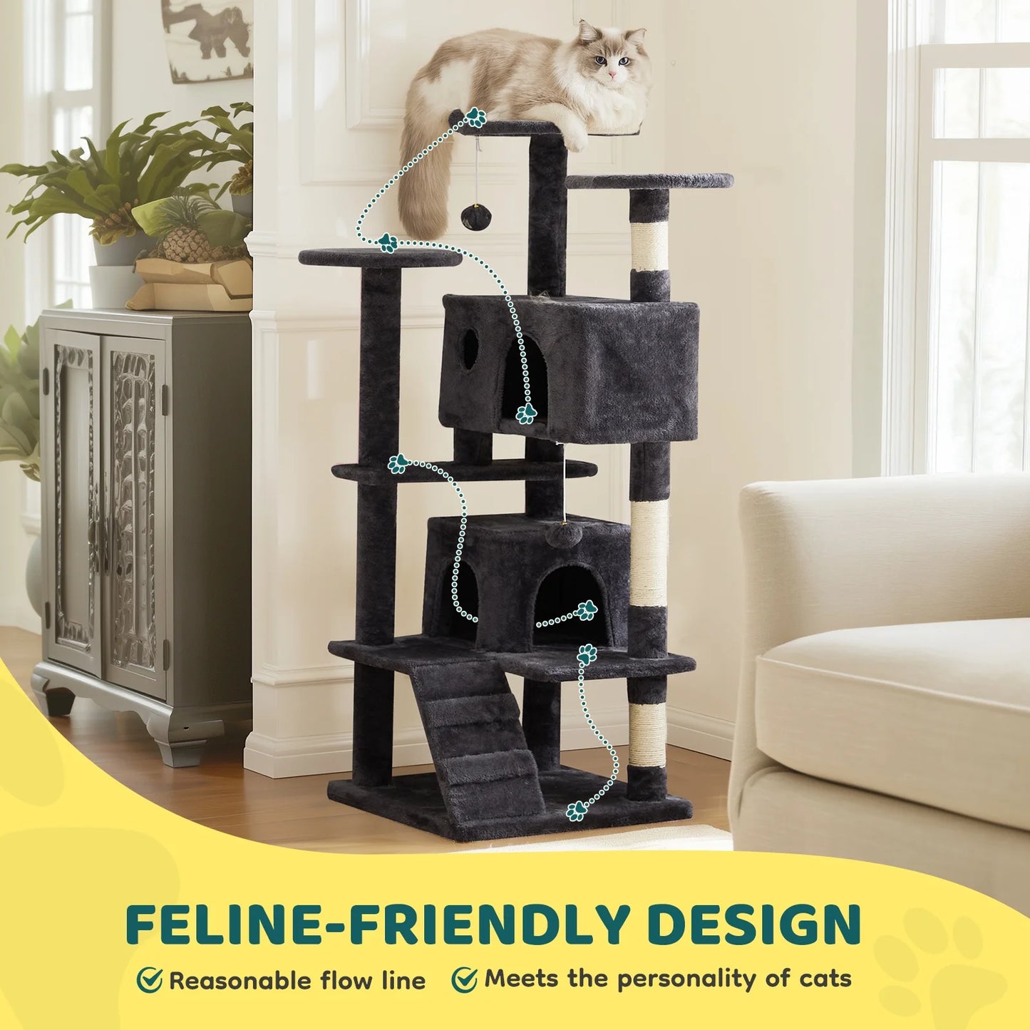 54" Cat Tree Tower Multi-Level with Scratching Post, Large Condo for Indoor, Dark Gray