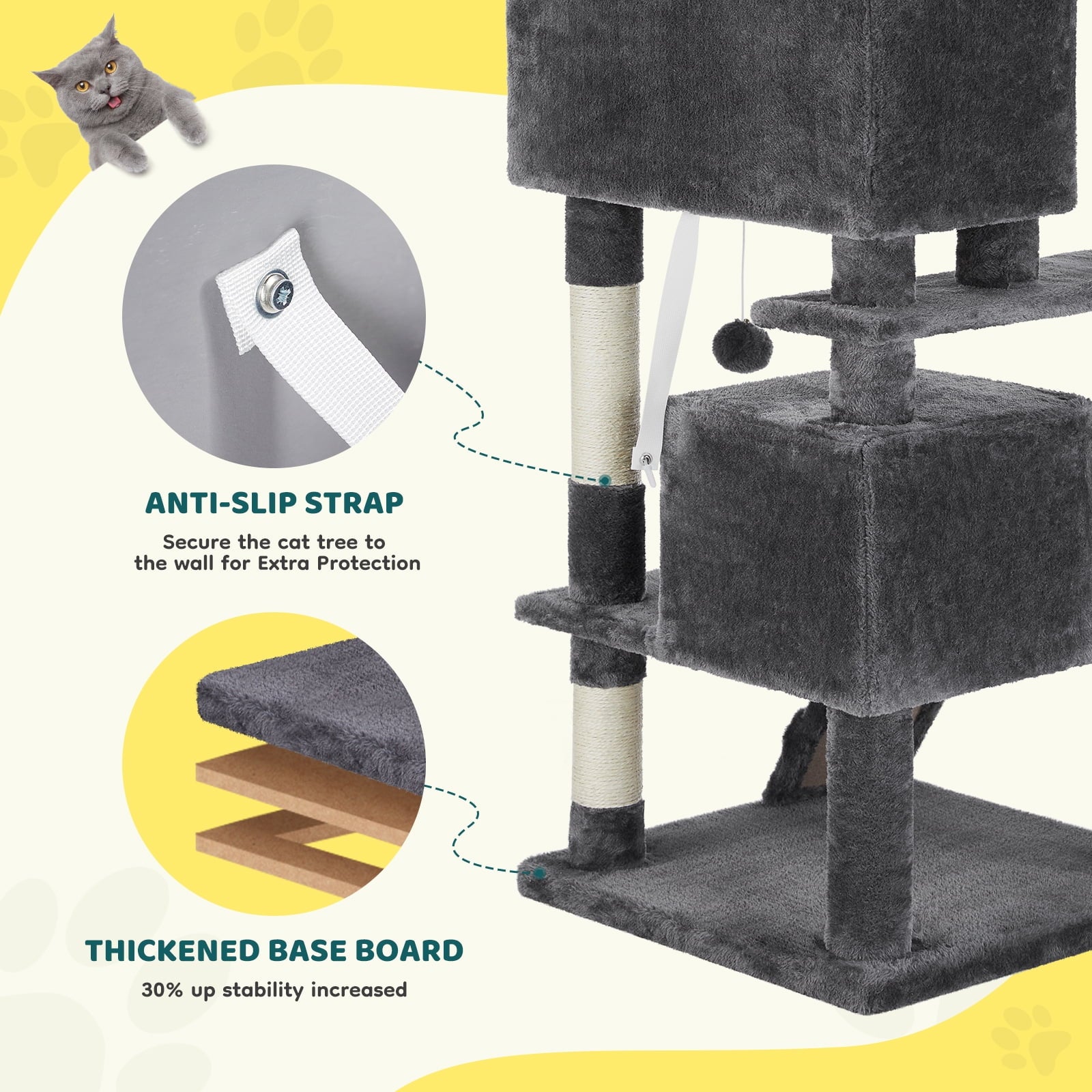 54" Cat Tree Tower Multi-Level with Scratching Post, Large Condo for Indoor, Dark Gray