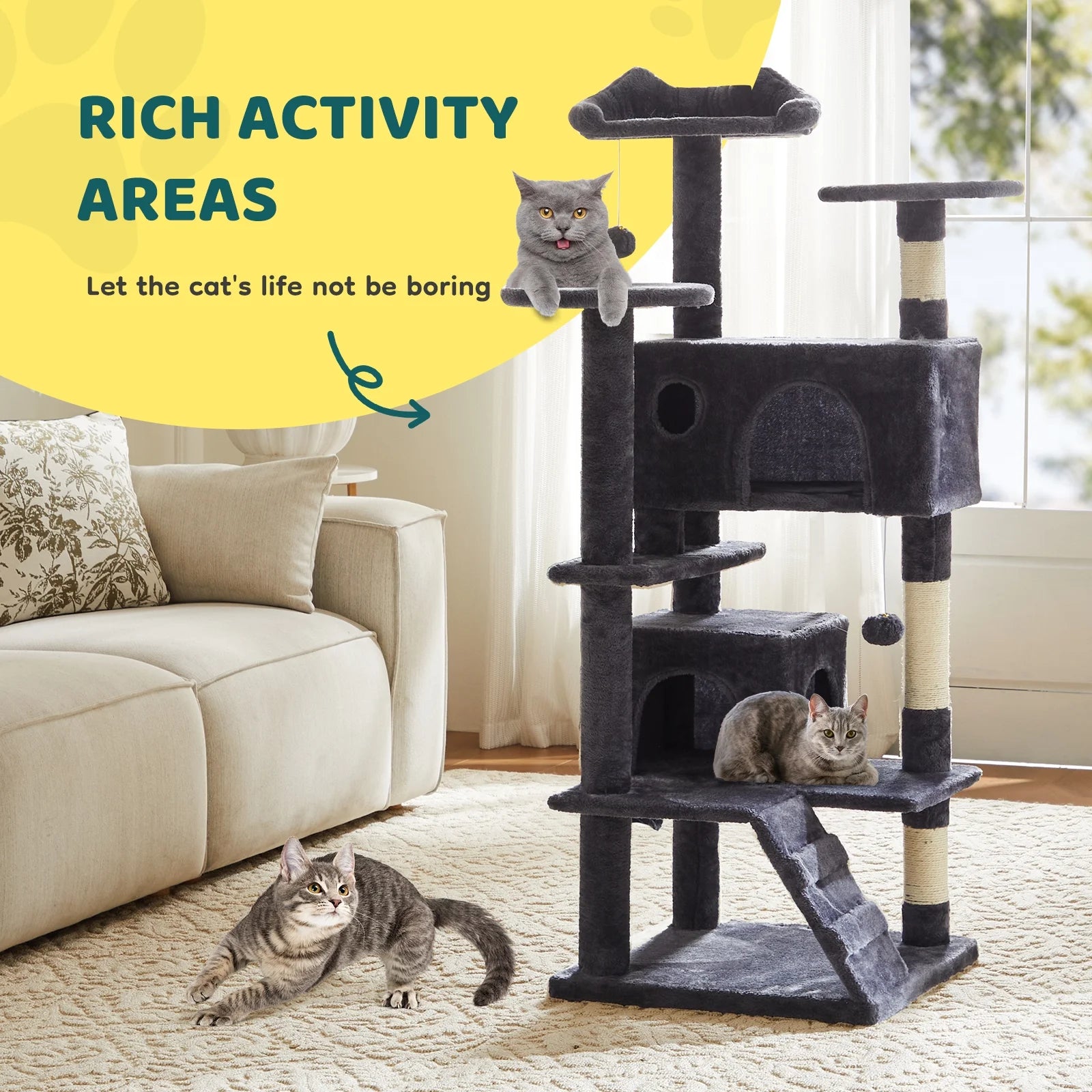 54" Cat Tree Tower Multi-Level with Scratching Post, Large Condo for Indoor, Dark Gray