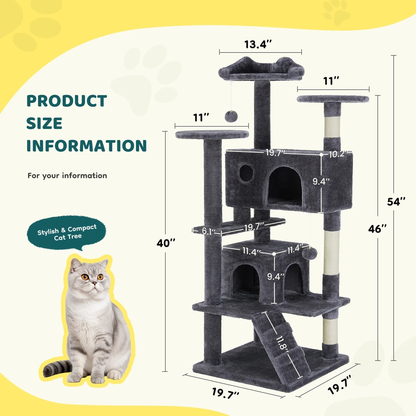 54" Cat Tree Tower Multi-Level with Scratching Post, Large Condo for Indoor, Dark Gray